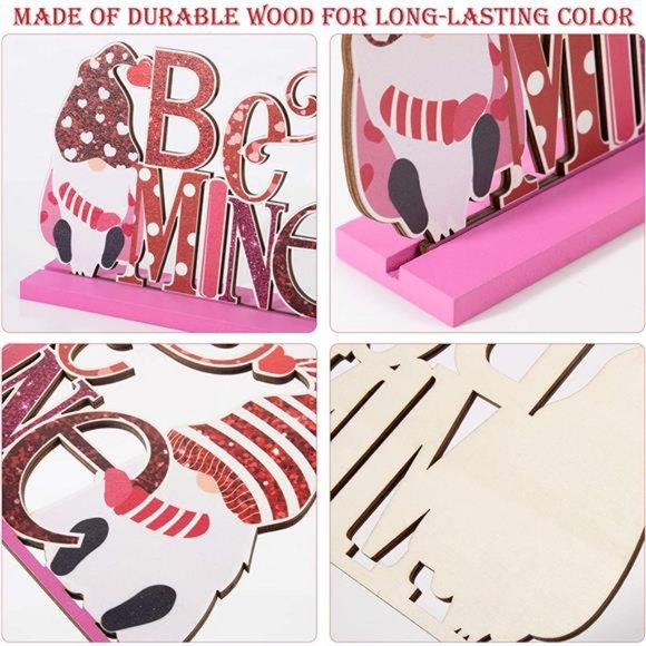 4 Pcs Wooden Cnomes Kiss Me Signs, Be Mine Signs with Pink Hearts - Picture 3 of 7